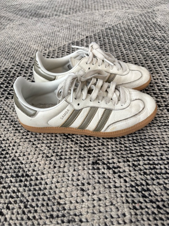 adidas Shoes - adidas Samba Sneakers in White with Gum Sole and Silver Stripes